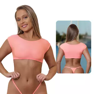 Neu Wicked Weasel bauchfreies Bikini Oberteil 366 Neon Flamingo transparente Sicht - Bild 1 von 9