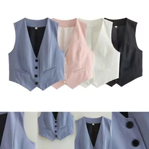 Damen V-Ausschnitt Ärmellose Weste Unterhemden Chic Elegant Einreiher Trägertop - Bild 1 von 18