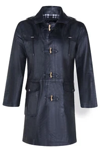 Men's Black Leather Duffle Coat Jacket Classic Knee Length 3/4 Overcoat Parka - Picture 1 of 4