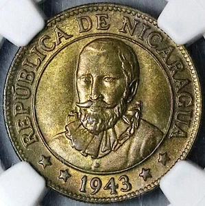 1943 NGC MS 65 Nicaragua 10 Centavos Sun Volcanos Stuart Coin POP 2/0 (23060403C - Picture 1 of 6