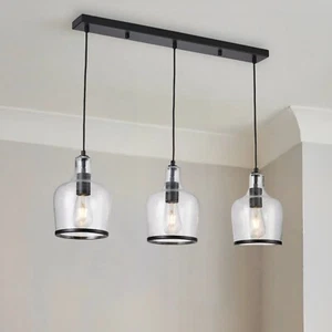 Plafoniera a Sospensione 3 Luci, Nero Opaco con Paralumi in Vetro a Bolle - Foto 1 di 8