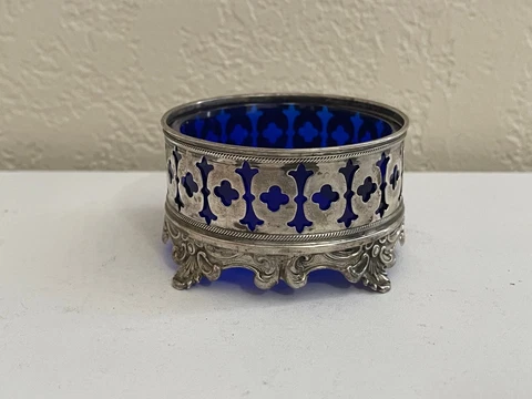 Antique Shreve & Co. Mauser Sterling Silver Master Salt w/ Cobalt Glass Insert Cover
