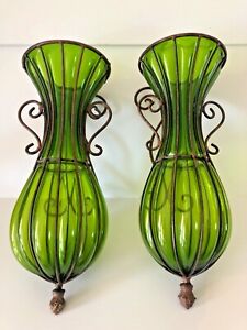 PAIR OF MID-CENTURY DESIGN GREEN SCONCES SEGUSO STYLE CAGED GLASS WROUGHT IRON 