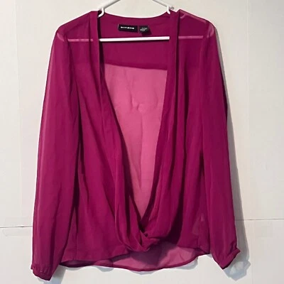 Dkny Jeans Womens Sheer Blouse Top Size S Fuscia Pink Chiffon Twist Front - Image 1 of 4