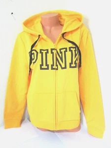 NEW Victoria Secret Pink GOLD GLOW BLACK LOGO ZIP HOODIE SWEAT SHIRT JACKET L XL - Picture 1 of 3