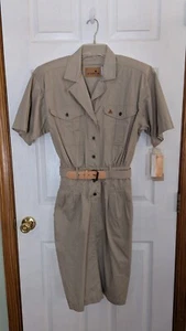 Vintage Liz Clairborne Dress Tan 100% Cotton Belt Pockets Collar Sz 8 New Tags - Picture 1 of 2