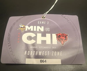 JJ MCCARTHY DEBUT FIELD PASS/ TICKET CHICAGO BEARS VS MINNESOTA VIKINGS 9/8/25 E - Picture 1 of 5