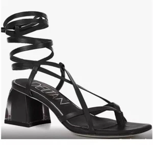 Deltan Size 9MFawn Ankle Wrap Strappy Block Heel Thong Dress Sandals Black - Picture 1 of 4