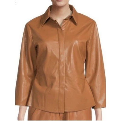 Chaqueta Camisa ELIE TAHARI Para Mujer Cuero Vegano Marrón Caramelo Abotonada Lg Nueva Foto 1 de 4