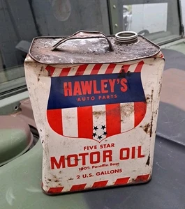 Rare Vintage 2 Gallon HAWLEY'S Auto Parts Motor Oil Can, Damaged - Picture 1 of 24