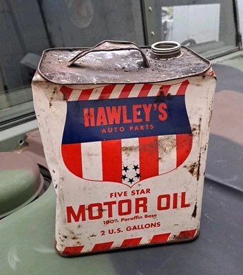 Rare Vintage 2 Gallon HAWLEY'S Auto Parts Motor Oil Can, Damaged - Image 1 of 4