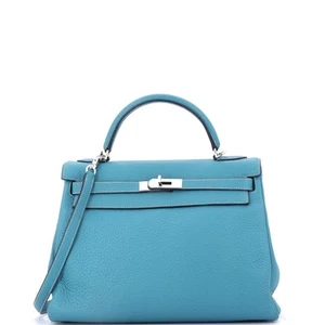 Hermes Kelly Handbag Blue Clemence with Palladium Hardware 32 - Picture 1 of 8
