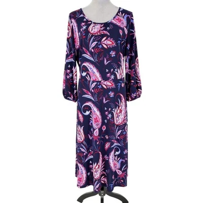 Talbots Dress Womens 16 Blue Pink Paisley Stretch Knit Midi Whimsy Party Career - Image 1 of 4