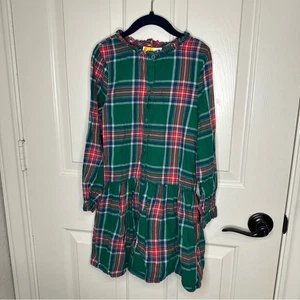 Mini Boden Kelly Green Red Plaid Ruffle Long Sleeve Shirt Dress Sz 7-8 Holidays - Picture 1 of 8