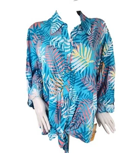 Ruby Rd Women's Size 3X Hot Tropics Palm Print Tie Front Roll Tab 3/4 Sleeves - Picture 1 of 7