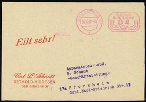 Germany Detmold 1952 Metered Mail 4pf Postage Very Urgent Commercial Cover Front - Picture 1 of 1