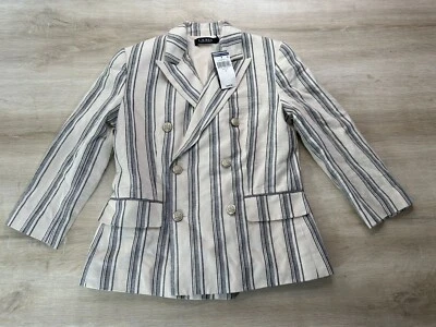 Blazer Polo Ralph Lauren Mujer Sarga Blanco Mu 2 Rayas Lino $265 Nuevo con Etiquetas Foto 1 de 4