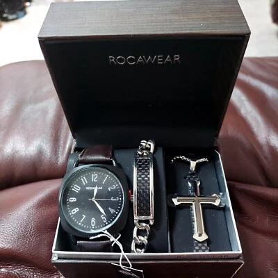 Mens Watch Rockawear Cross Necklace, Bracelet Set  Black 12 # Face & Brown Band - Image 1 of 4