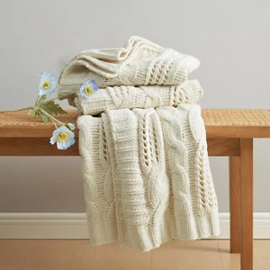 Chunky Knit Chenille Throw Blanket, Breathable Cable Knitted Blanket for Couch, - Picture 1 of 8