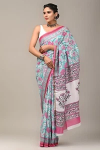 Indian Hand Printed Cotton Saree For Indian Women's Wedding Designer Sari Blouse - Imagen 1 de 3