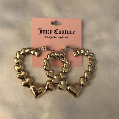Juicy Couture Gold Tone Heart Shaped Hoop Earrings Puffy Stacked Hearts NWT - Image 1 of 4
