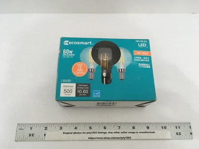 NEW EcoSmart 3-pk 60W LED Bulb G16.5 Globe Clear Soft White 2700K Dim Candelabra - Image 1 of 4