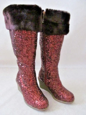 Joan Boyce Copper Sequin Wedge Boots Faux Fur Mid-Calf Zip Closure NEW - Image 1 of 4
