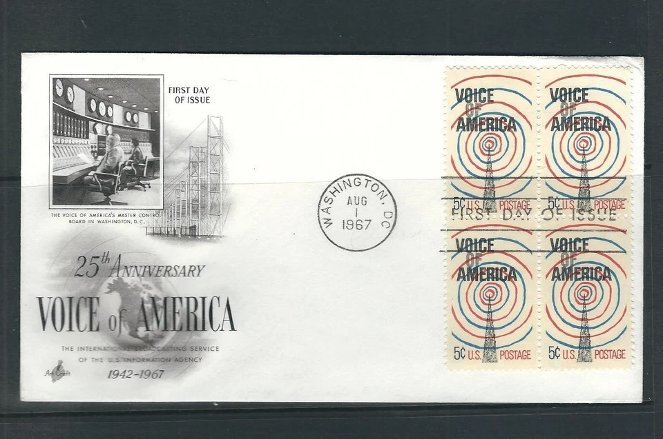 US SC # 1239 Voice Of America FDC . Block 4 . Artcraft Cachet - Image 1 of 1
