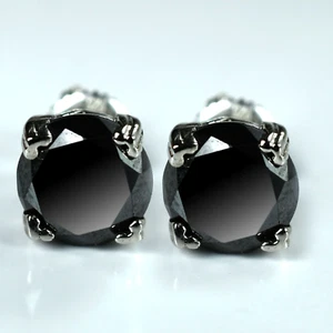 3.50 Ct Treated Certified Black Diamond Solitaire Stud Earrings In 925 Silver - Picture 1 of 8