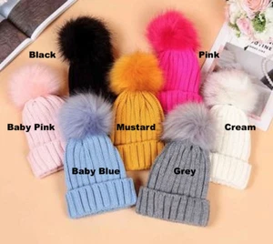 Baby Toddler Kids Winter Warm Knit Fur Pom Pom Bobble Hat Boys Girls Beanie Cap - Picture 1 of 21