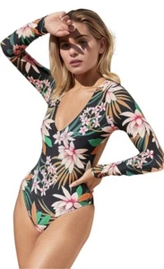 Women's Long Sleeve Bathing Suit One Piece Swimsuit Floral Print Backless Size M - Picture 1 of 8