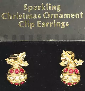 1992 goldfarben funkelnder Weihnachtsschmuck Clip Ohrring rot Strass Avon - Bild 1 von 10