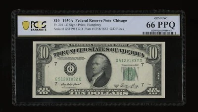 DBR 1950-A $10 FRN Chicago Gem Fr. 2011-G PCGS-B 66 PPQ Serial G51291832D - Image 1 of 2