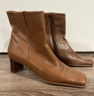 复古 90 年代 Diba 靴子女式棕褐色皮革方头短靴波西米亚 8.5 码 — 第 1/4 张图片