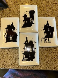 Crate And Barrel Halloween  HAUNTED HOUSE Appetizer Plate And Napkin Set Of 8 - Picture 1 of 6