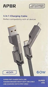 4-in-1 USB C Fast Charging Cable 60W Flat Braided Nylon (OPEN BOX) - Picture 1 of 9