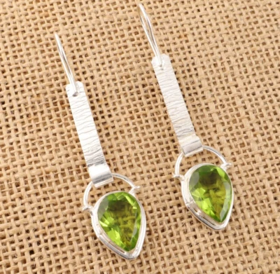 Natural Peridot Gemstone 925 Sterling Silver Jewelry Handmade Earrings Gift CH - Image 1 of 4