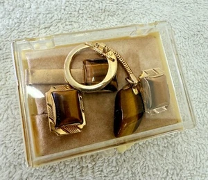 Juego de gemelos ojo de tigre vintage para hombre con clip de corbata y llavero - tono dorado - Imagen 1 de 7