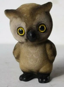 Owl Figurine Baby Owl Big Yellow Eyes Flocked Ceramic Adorable Face Vintage Owl - Picture 1 of 1