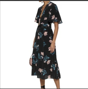 Nicholas Piper Belted Floral-Print Silk Midi Dress Black Pink Teal 0 - Picture 1 of 6