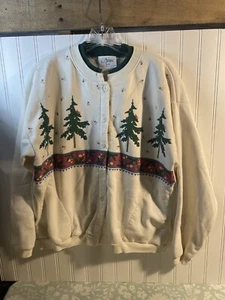 VTG Artisans Sunschein Designs Pine Tree White Button Down Grandma Sweater S - Picture 1 of 5