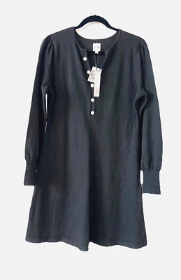 NIC+ZOE Size L Stretch Knit Button Accent Knee A-Line Dress NWT $218 Black - Image 1 of 4