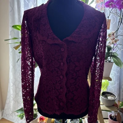 Talbots 4 Burgundy Floral Lace Overlay Long Sleeve Blouse Button Up - Image 1 of 4