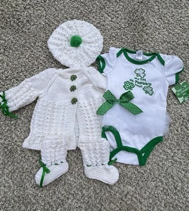 Knitted St. Patrick’s Day Outfit Cardigan Sweater Set + Bodysuit Baby Girl 3-6M - Picture 1 of 12