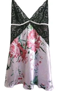 Satin Lace Babydoll Slip Dress Sz L Pink Black Floral Sheer Romantic Coquette - Picture 1 of 13