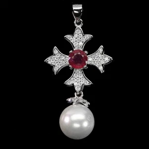 925 Sterling Silver Pendant Round Ruby 5mm Mother Of Pearl Gemstone Jewelry - Picture 1 of 14