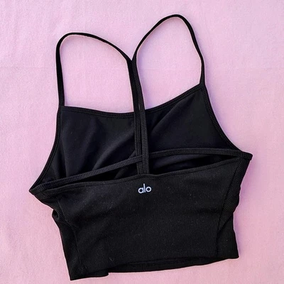 Alo Yoga Ribbed Black Tank Top Crop Sports Bra Athletic Workout Women's L - Image 1 of 3