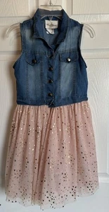 Girls Rare Edition Sleeveless Denim Vest Sheer Lace With Gold Hearts Size 12 - Picture 1 of 4