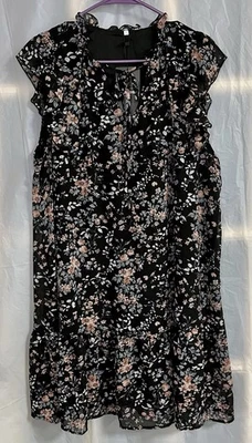 Fashion Women's Black Size XL Floral Babydoll Mini Dress With Slip V Neck Boho - Image 1 of 4