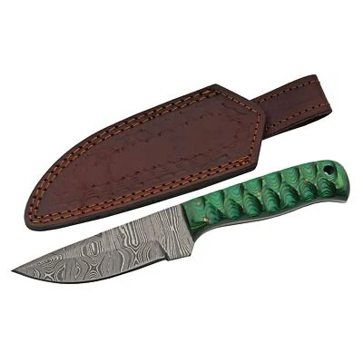 Hunting Knife | 4in. Damascus Steel Blade Green Wood Handle + Leather Sheath - Image 1 of 4